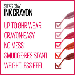 Labial Maybelline Crayon: acabado mate resistente a transferencia.
