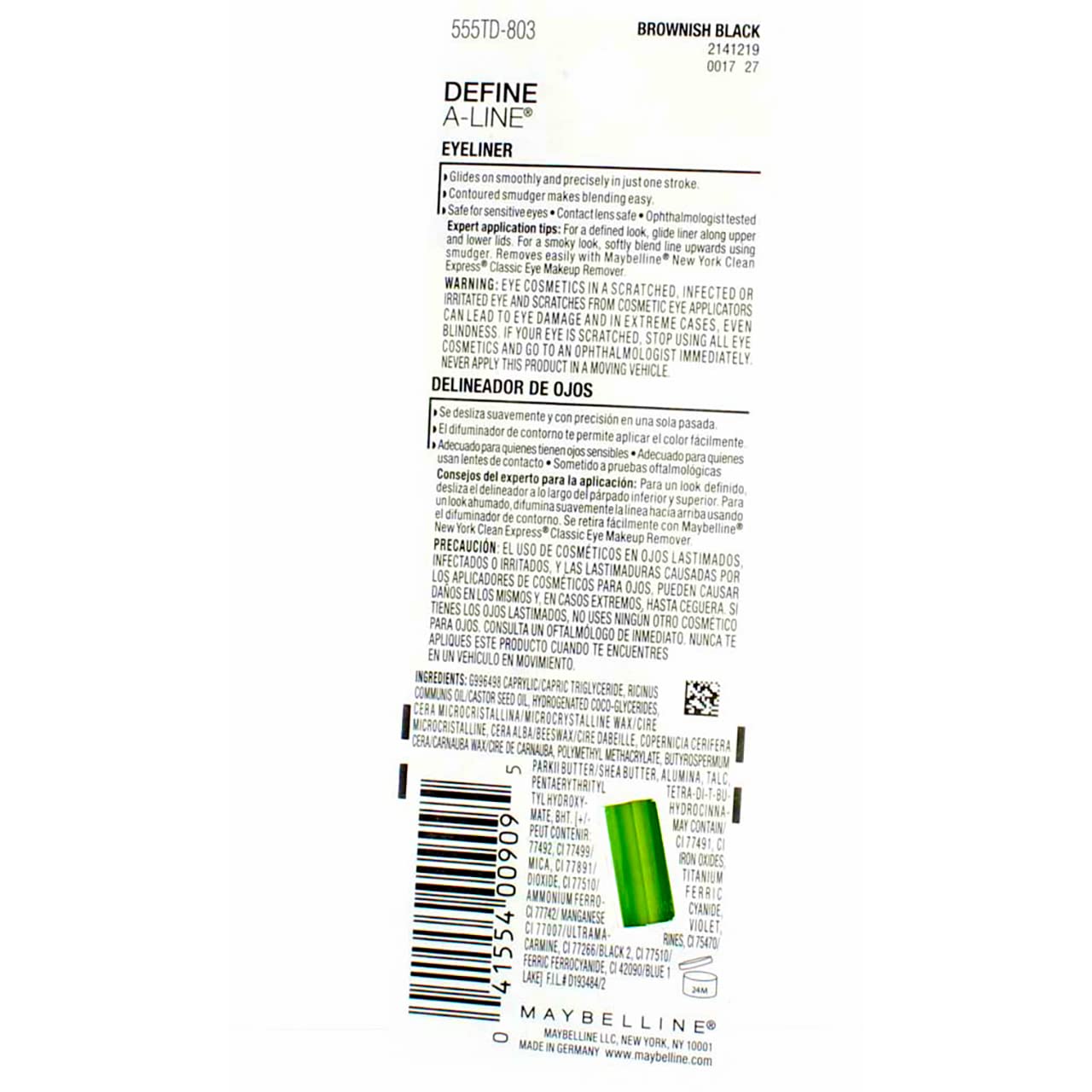 Maybelline Define-A-Line Eyeliner pencil-tip close-up highlighting sharp definition.