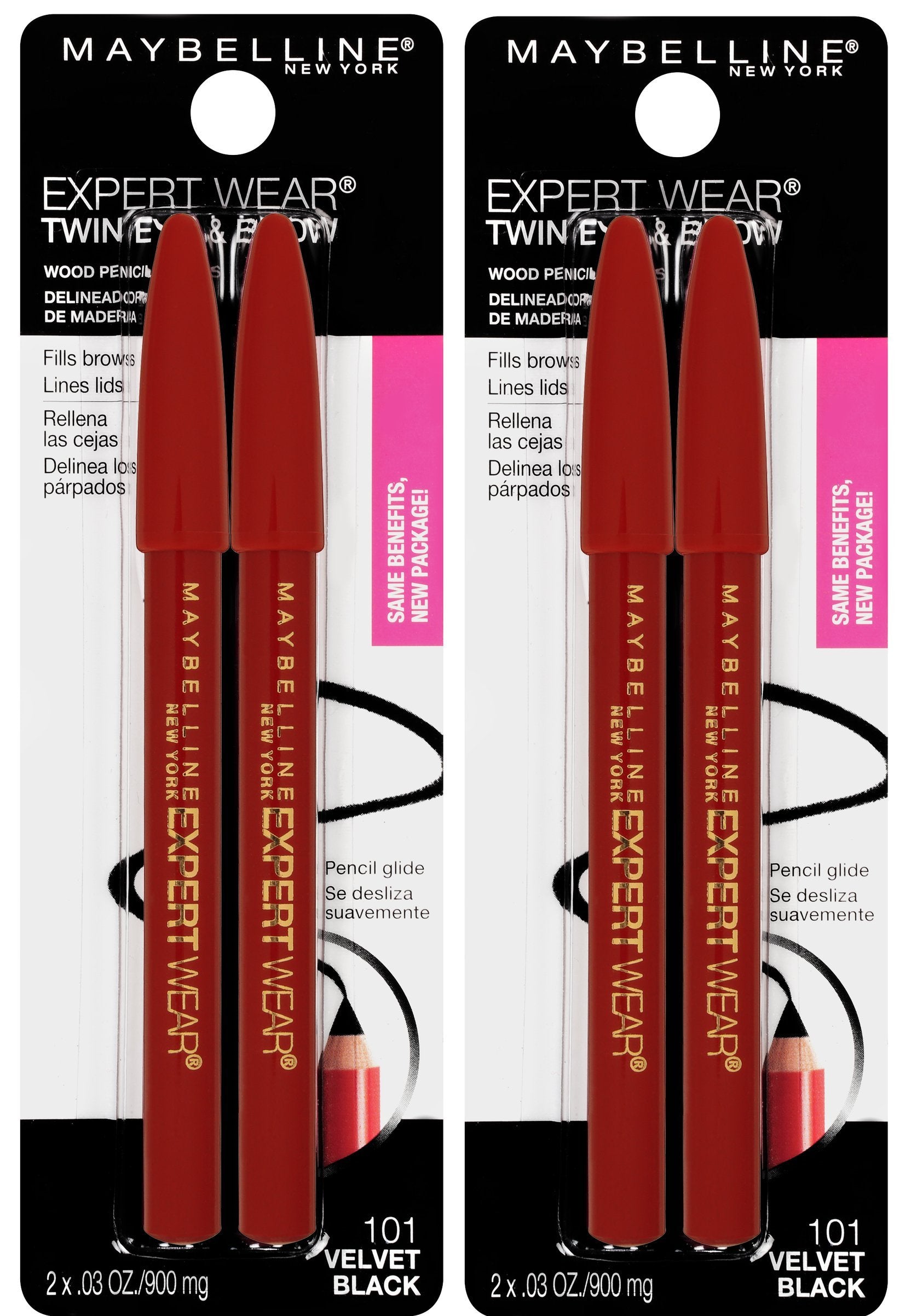 MAYBELLINE Expert Wear Twin Brow & Eye Pencil Velvet Black, enfoque en cejas definidas y delineado suave.