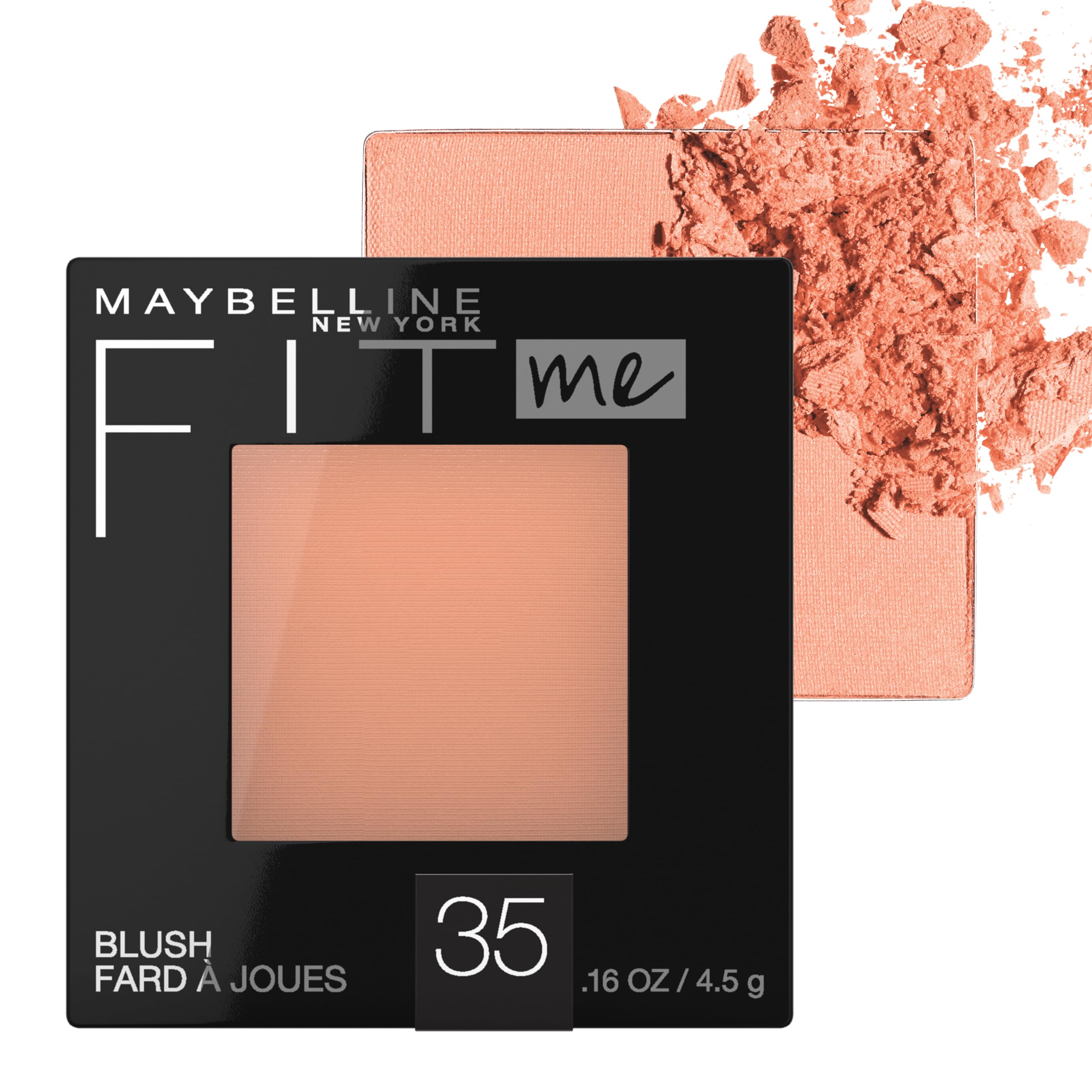 Maybelline Fit Me Blush packaging front showing coral shade for quick shade recognition.