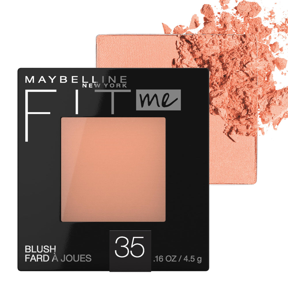 Maybelline Fit Me Blush packaging front showing coral shade for quick shade recognition.