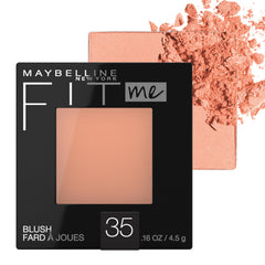 Maybelline Fit Me Blush packaging front showing coral shade for quick shade recognition.