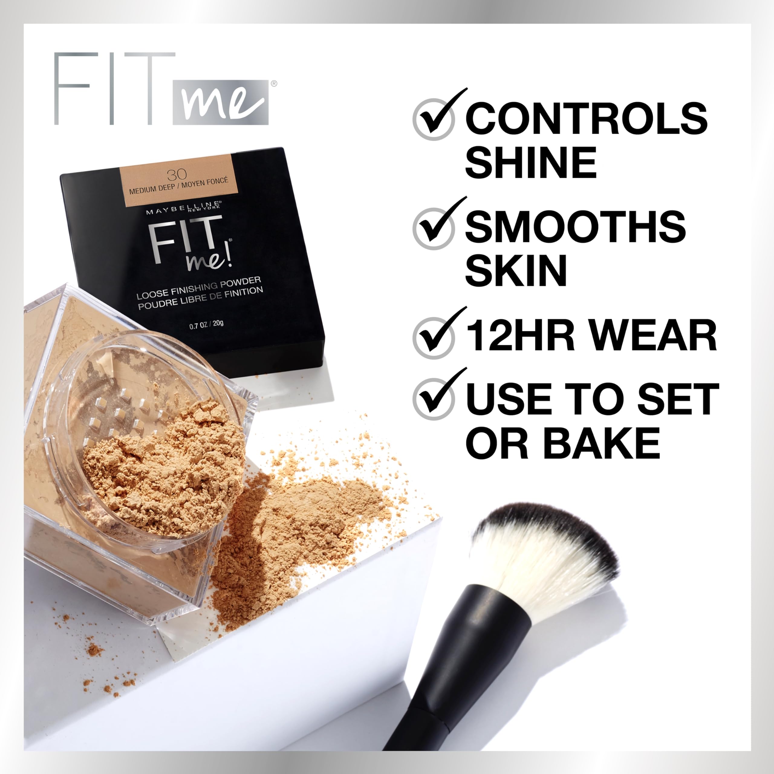 Maybelline Fit Me loose powder swatch demonstrates sheer color and blendable texture.