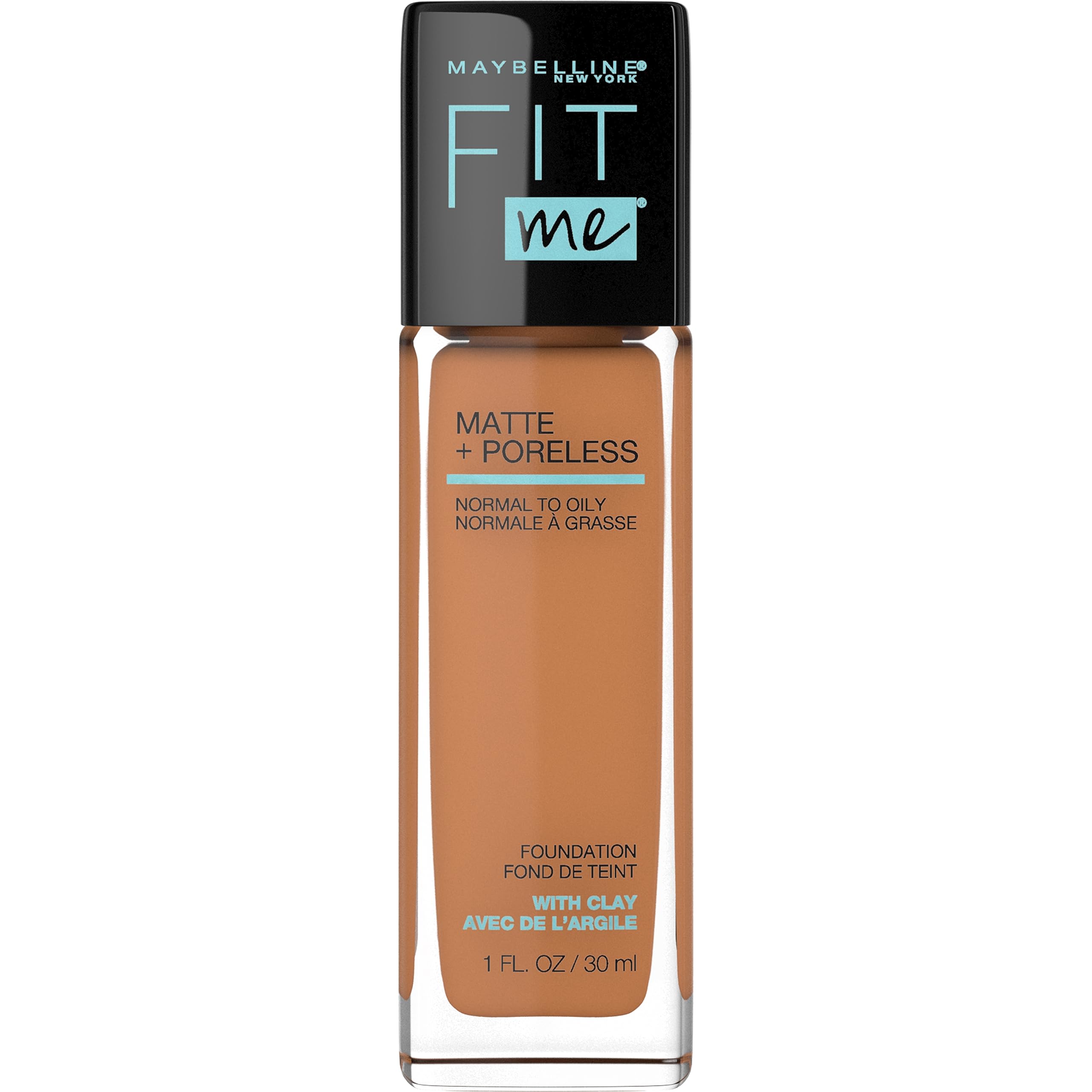 Maybelline Fit Me Matte Poreless bottle shows oil-free, natural matte finish