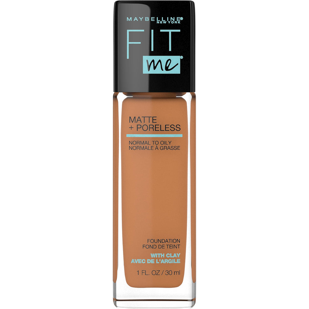 Maybelline Fit Me Matte Poreless bottle shows oil-free, natural matte finish