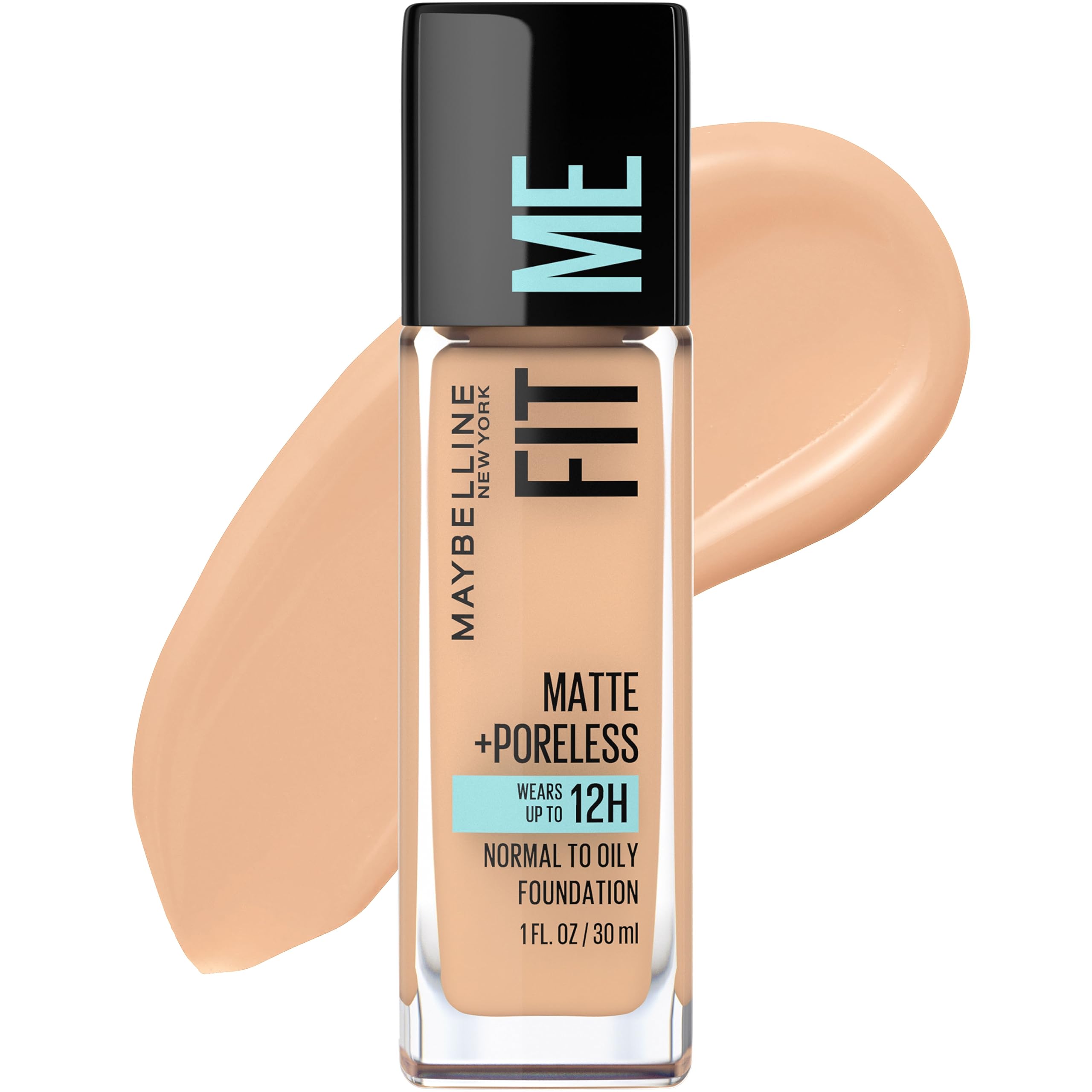 Maybelline Fit Me Matte + Poreless bottle shows an oil-free formula for natural matte skin.