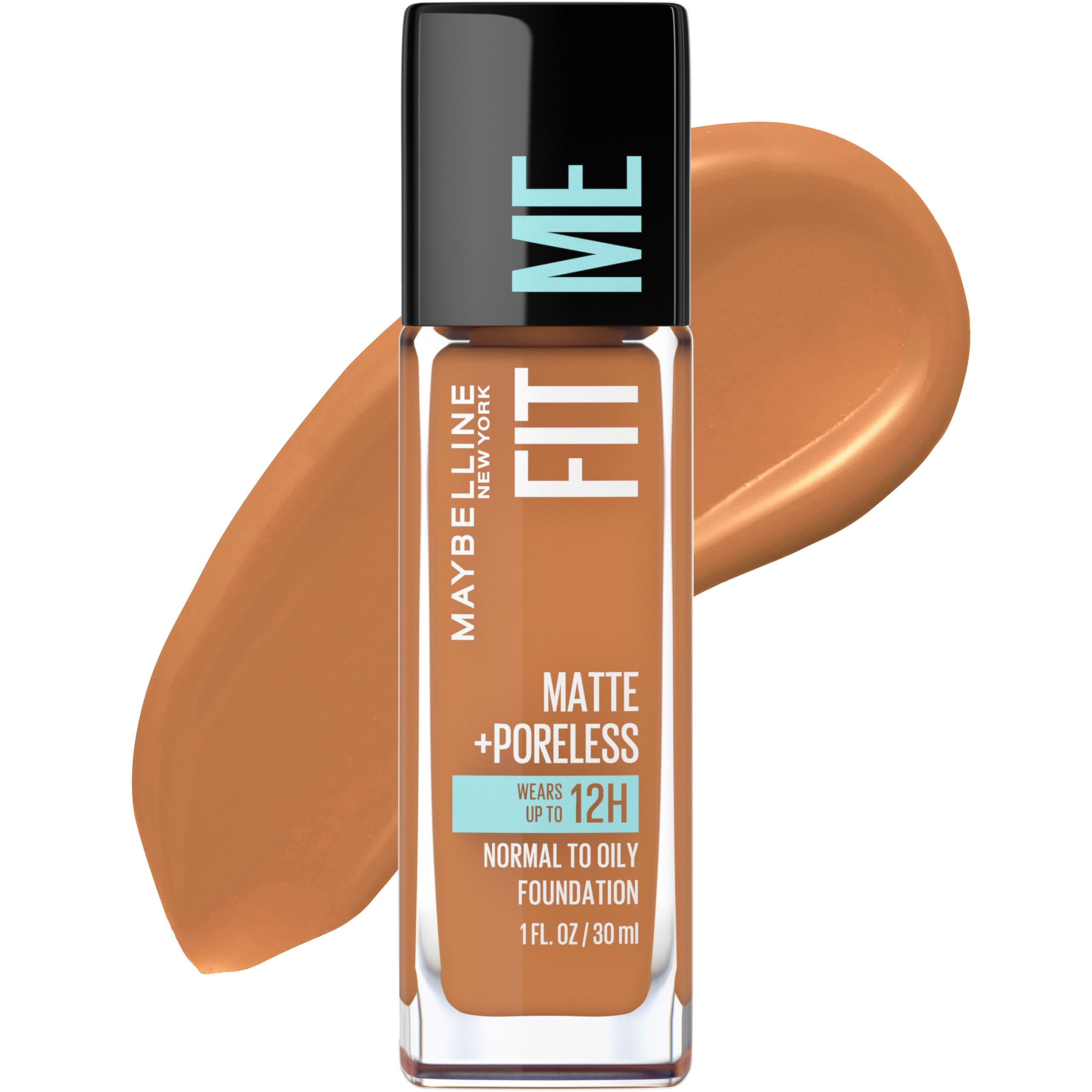 Maybelline Fit Me Matte-Poreless Cappuccino bottle shows oil-free formula for natural finish.