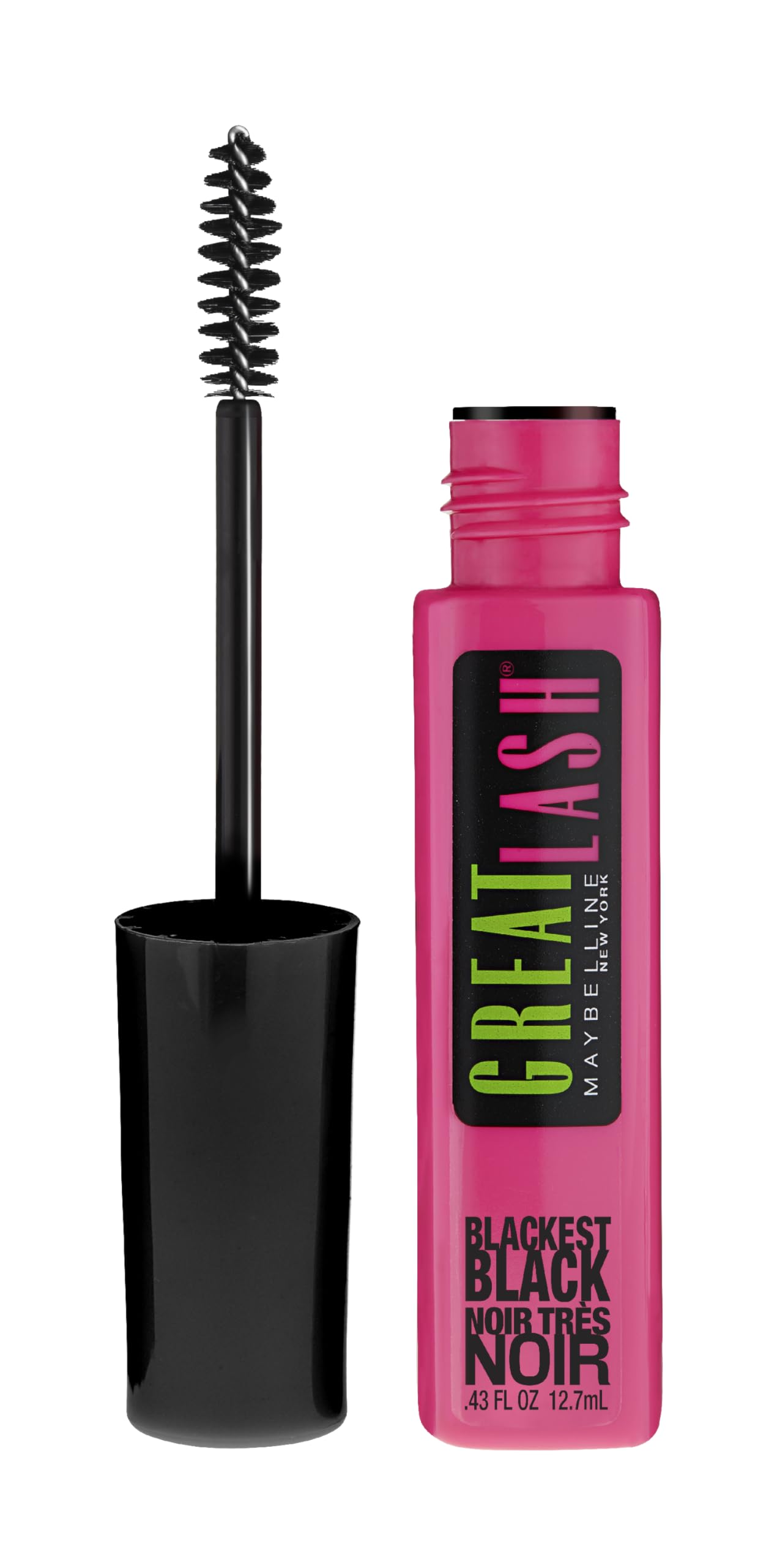 Maybelline Great Lash mascara brush close-up for smooth, voluminous application.