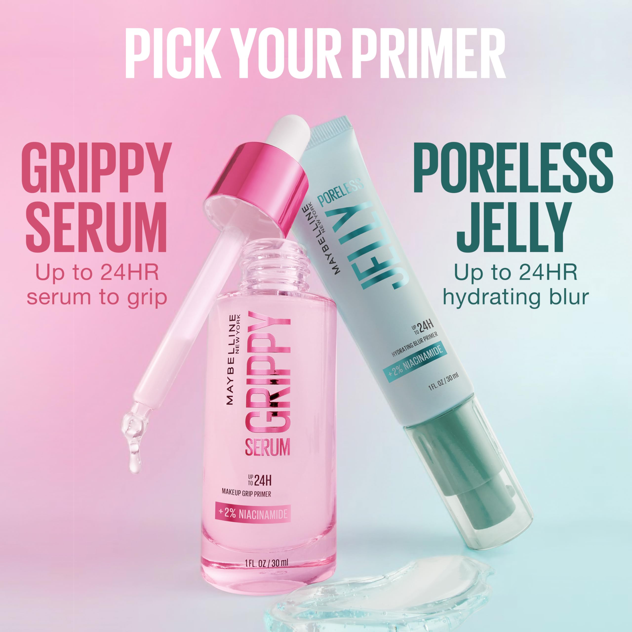Maybelline Grippy Serum Primer acabado sin grasa y sin residuos blancos.