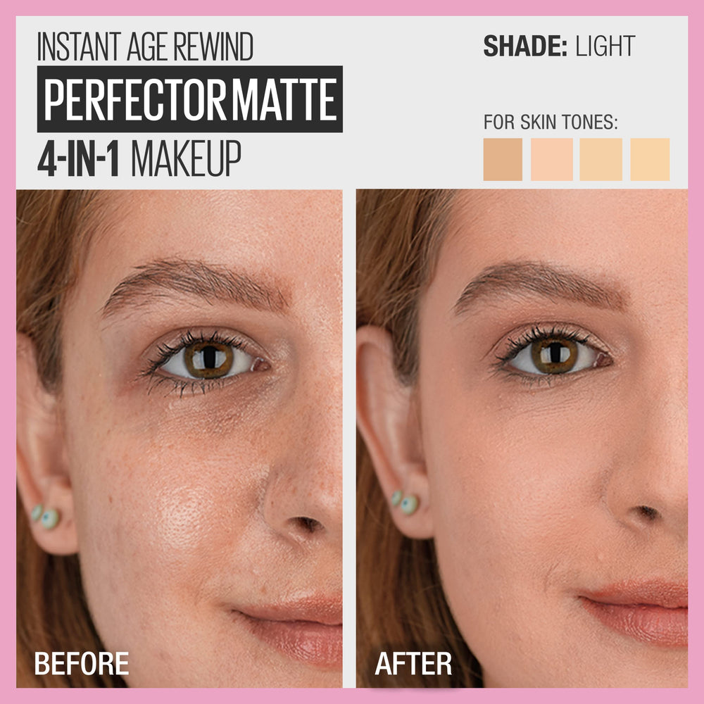 Maybelline Instant Age Rewind 4en1 Mate, acabado mate duradero en rostro.