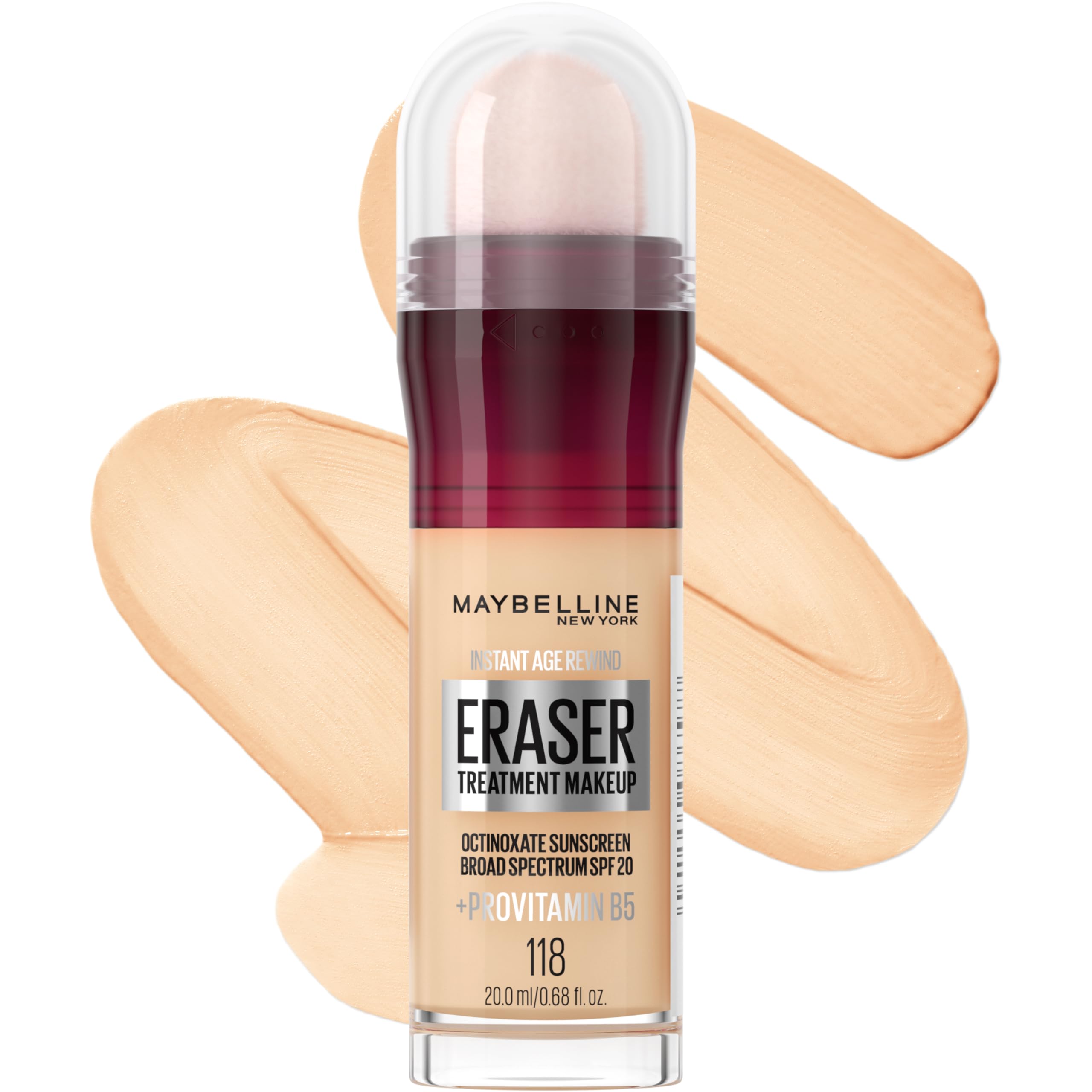 Maybelline Instant Age Rewind Eraser: botella con aplicador esponja para cobertura uniforme.