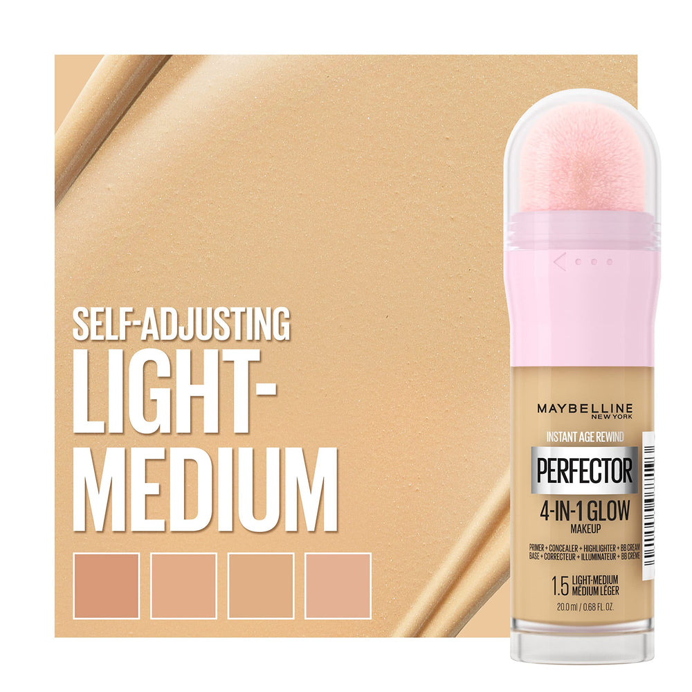 Maybelline Instant Age Rewind Glow resultado natural con acabado ligero.