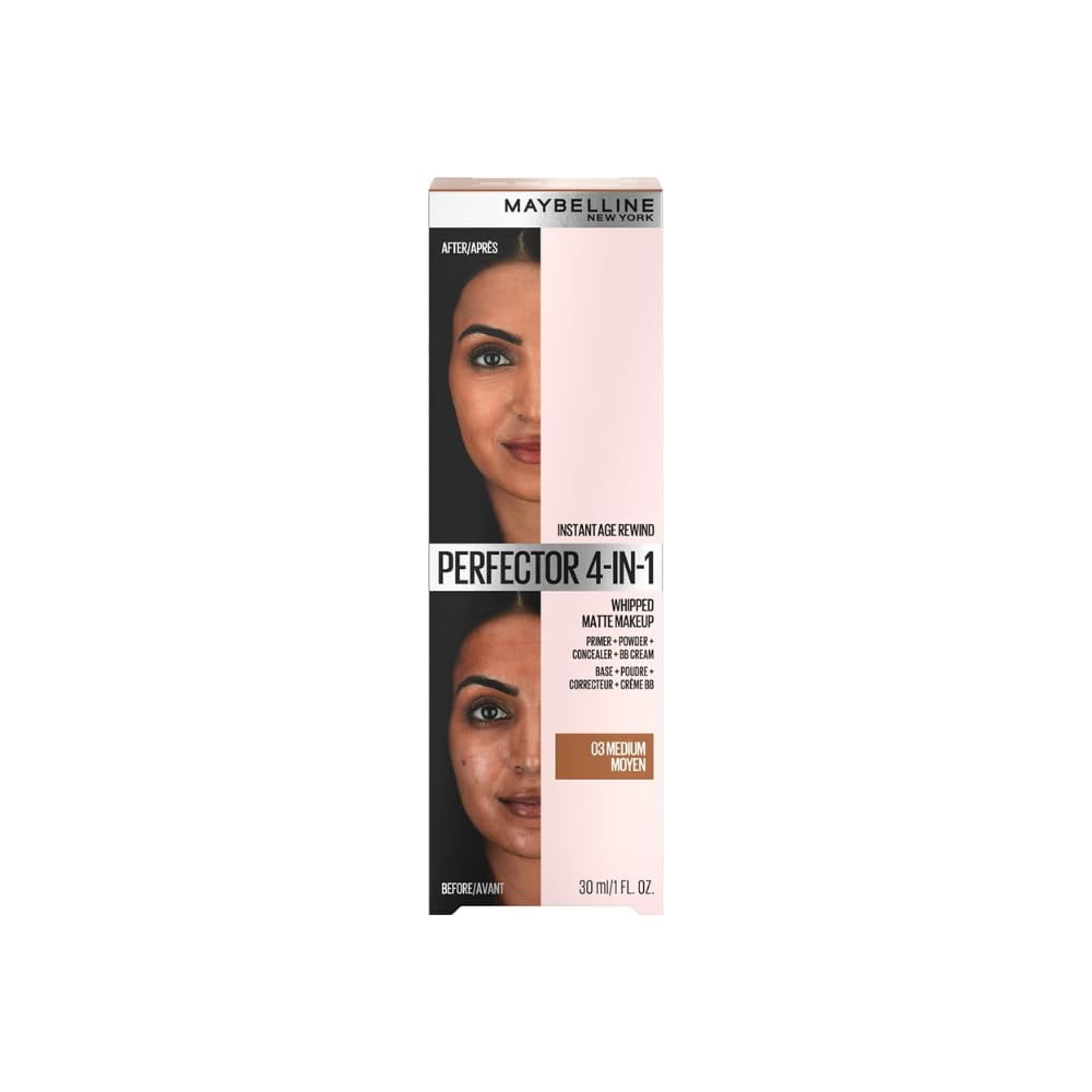 Maybelline Instant Age Rewind 4-en-1 Matte: textura batida para cobertura ligera y tono uniforme.