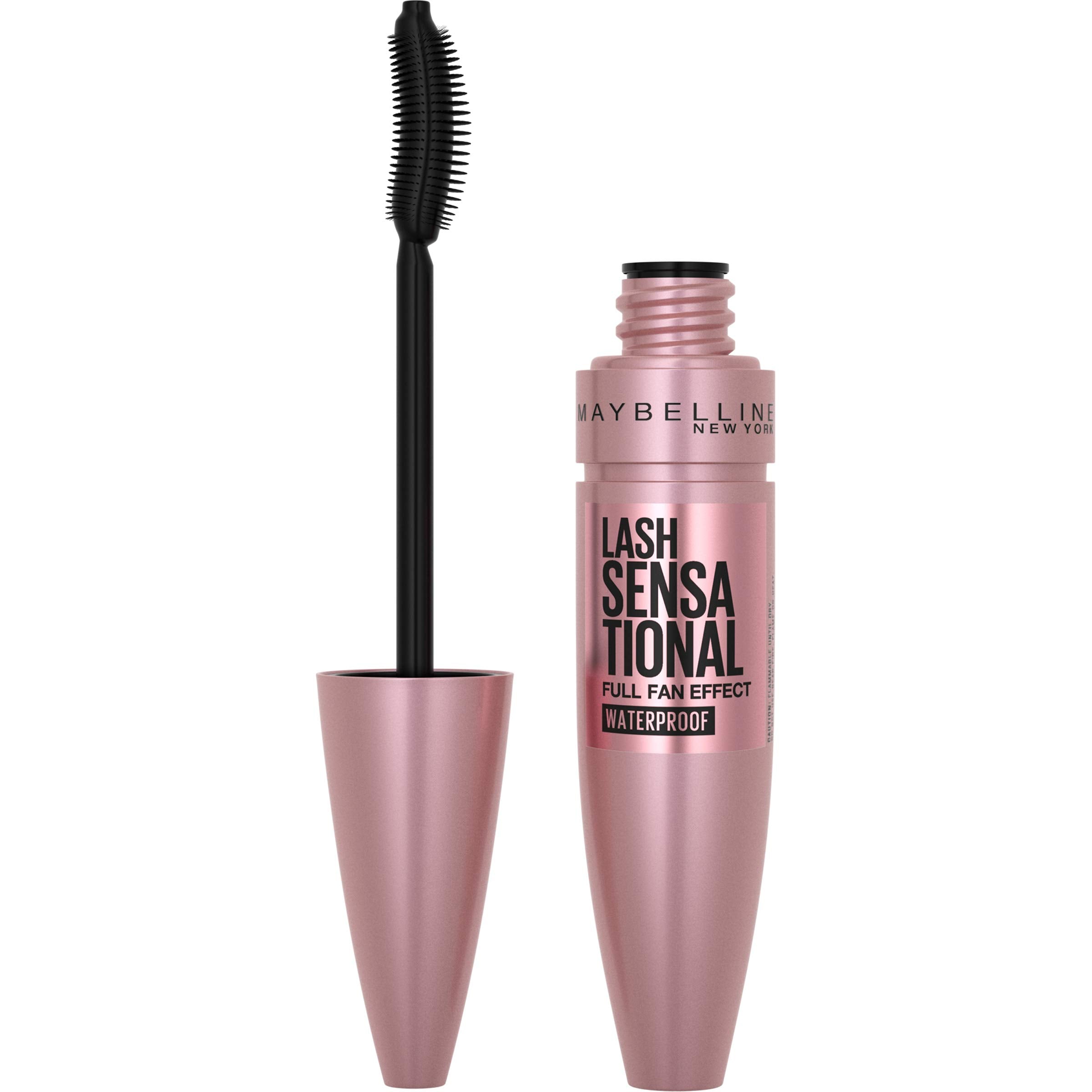 Maybelline Lash Sensational waterproof mascara bottle in brownish-black shade.