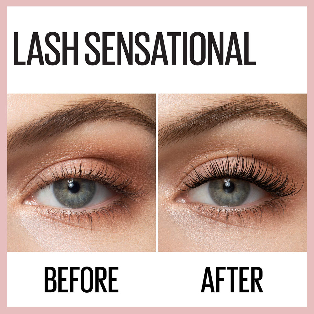 Maybelline Lash Sensational waterproof mascara swatch showing color payoff.