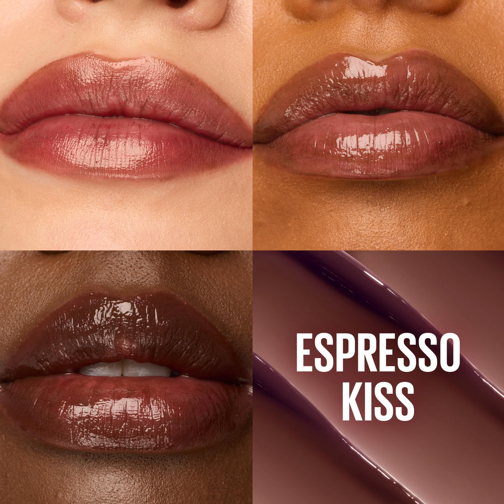Maybelline Lifter Glaze Espresso Kiss application swatch reveals sheer, buildable color.
