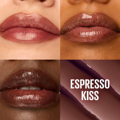 Maybelline Lifter Glaze Espresso Kiss application swatch reveals sheer, buildable color.