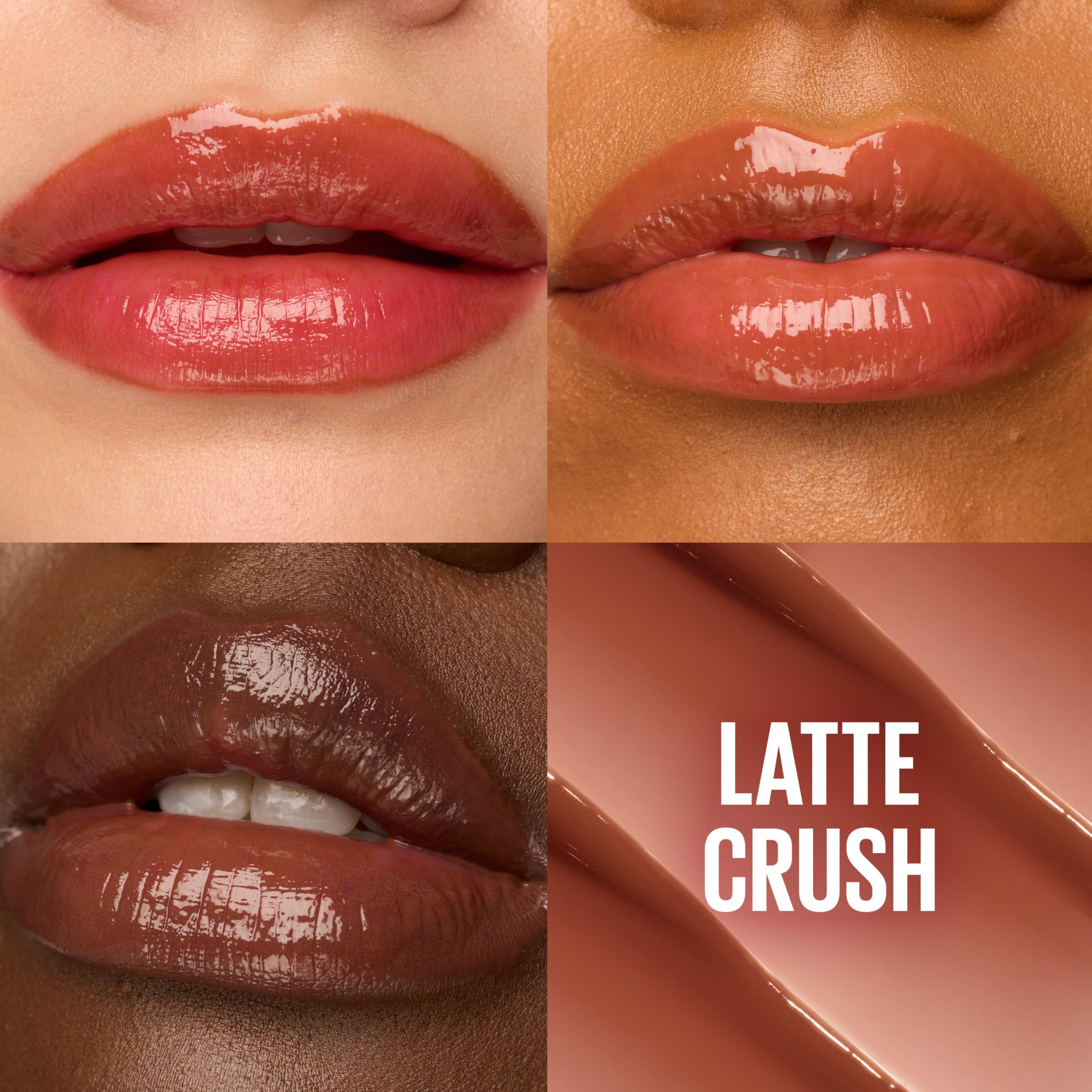 Maybelline Lifter Glaze Oil Balm Latte Crush swatch showing sheer, buildable color