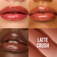 Maybelline Lifter Glaze Oil Balm Latte Crush swatch showing sheer, buildable color