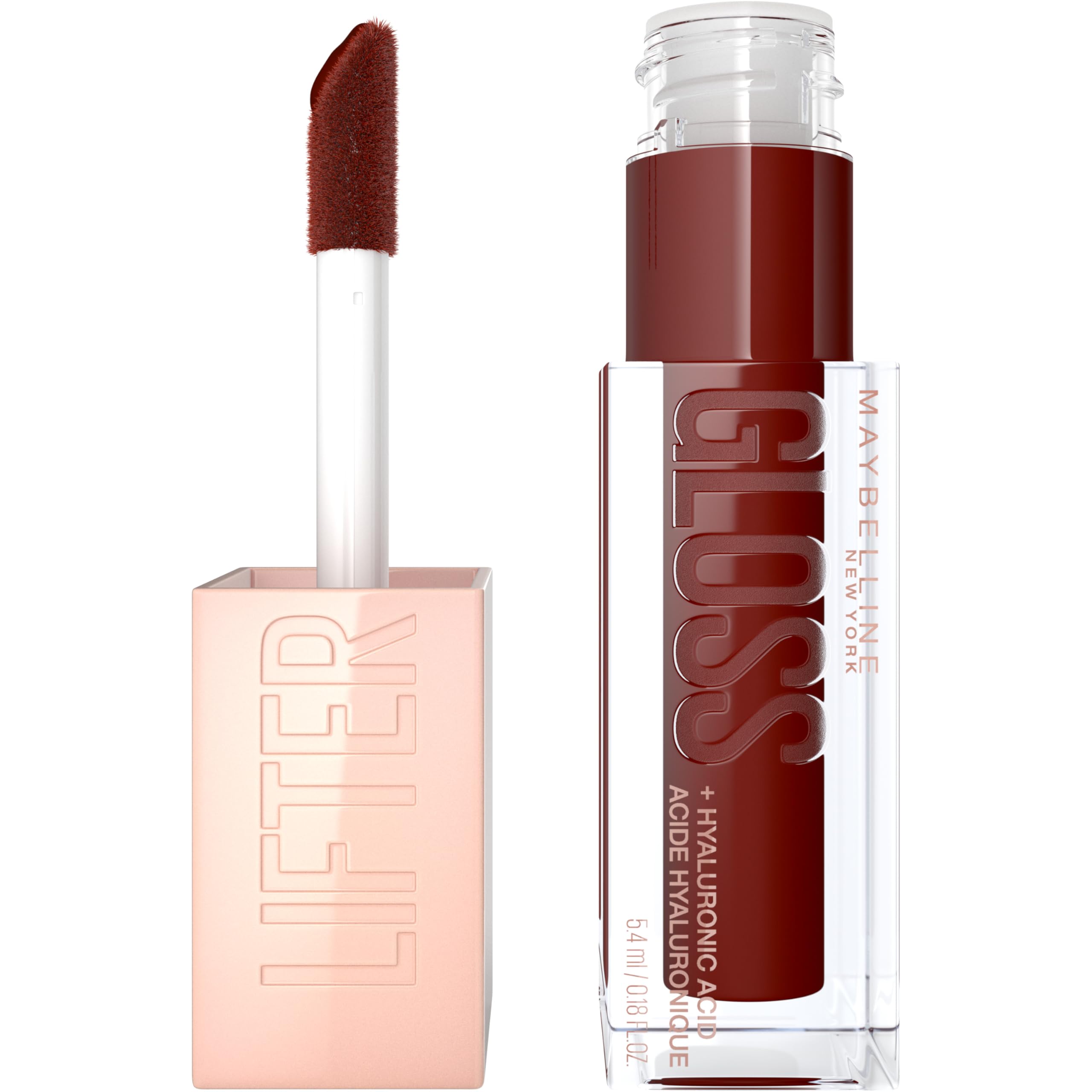 Maybelline Lifter Gloss Maple brick brown close-up shows hydrated lips.