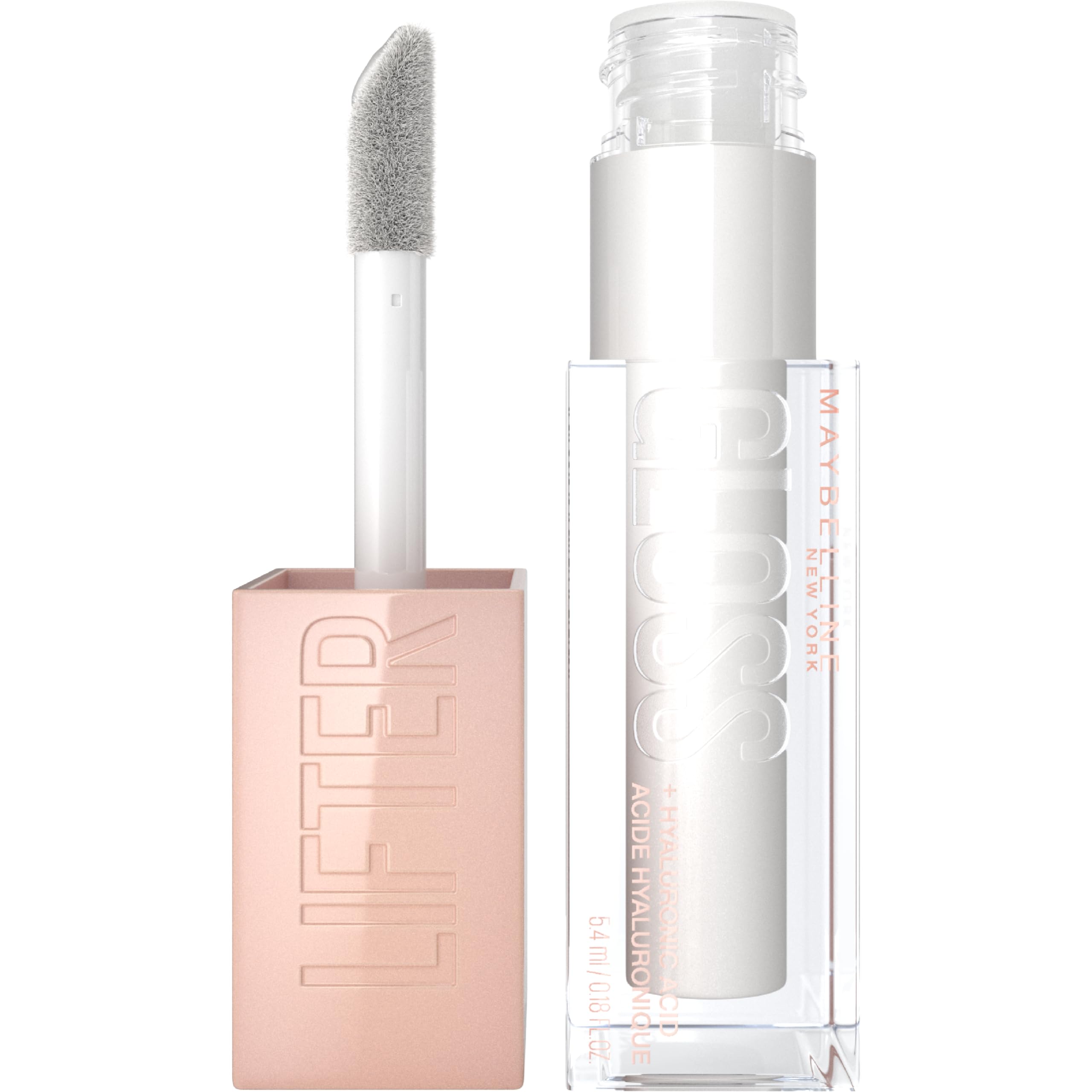 Maybelline Lifter Gloss en tono Perla plateada, botella visible con brillo hidratante para labios.
