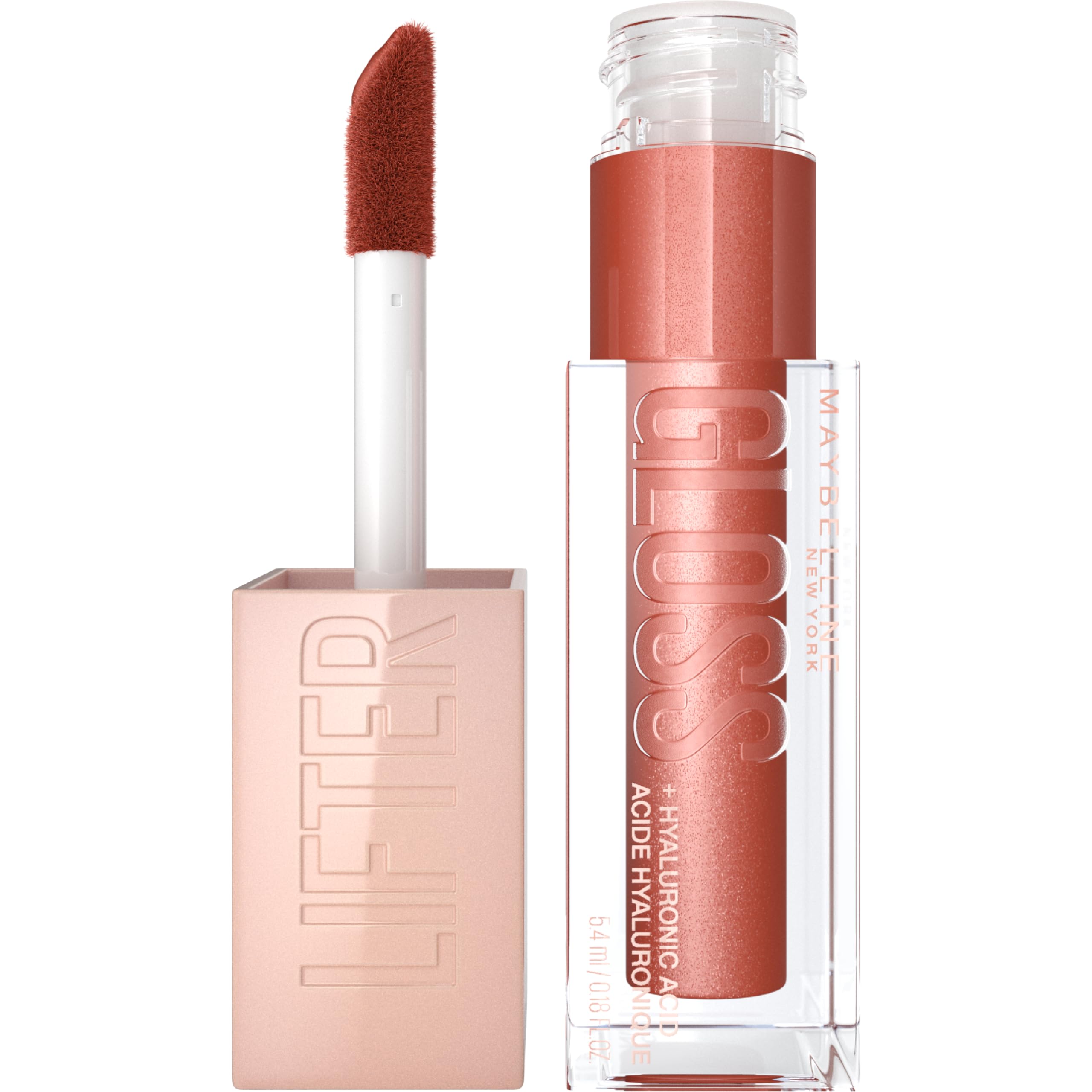 Maybelline Lifter Gloss Topaz swatch highlights hydrating shine for fuller-looking lips.