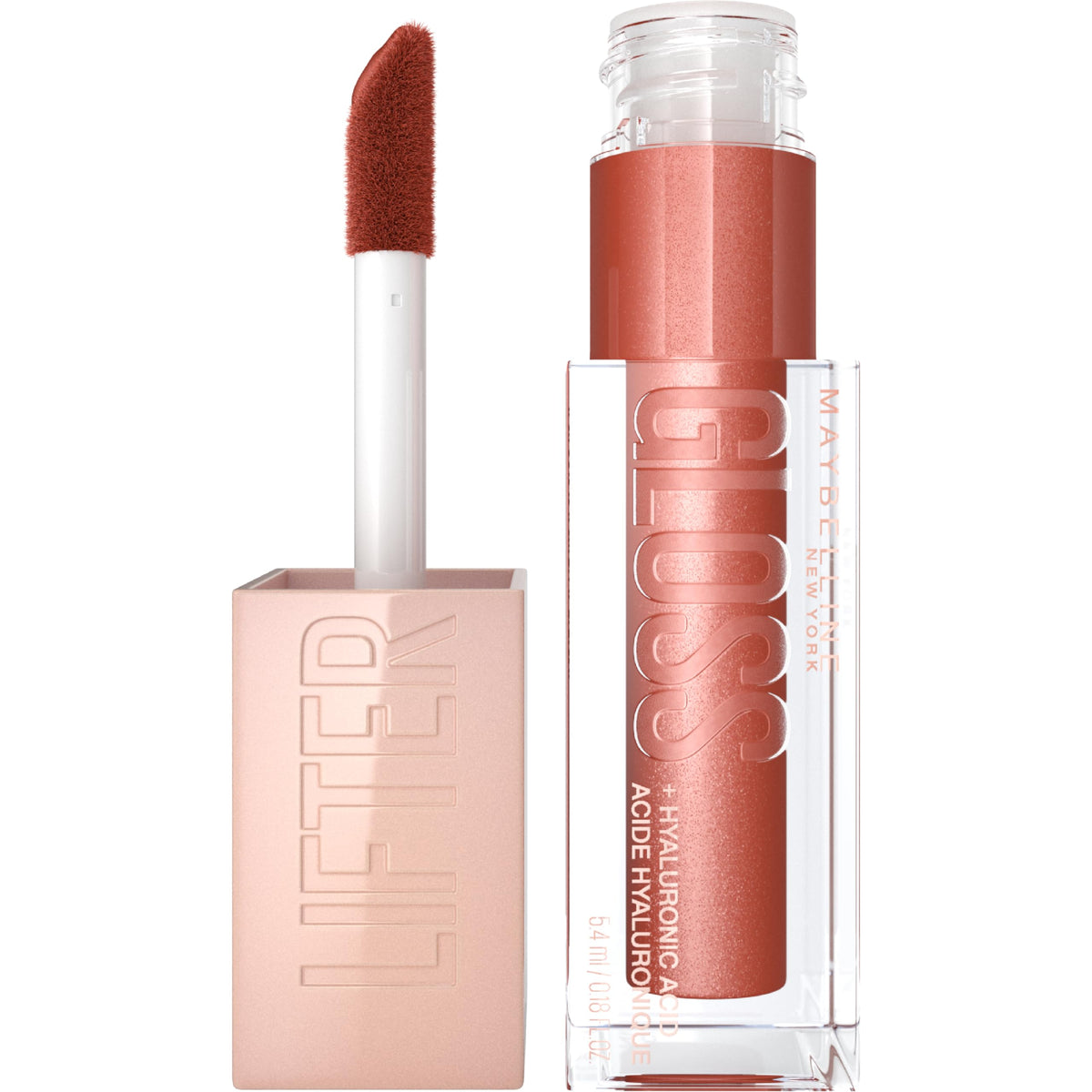 Maybelline Lifter Gloss Topaz swatch highlights hydrating shine for fuller-looking lips.