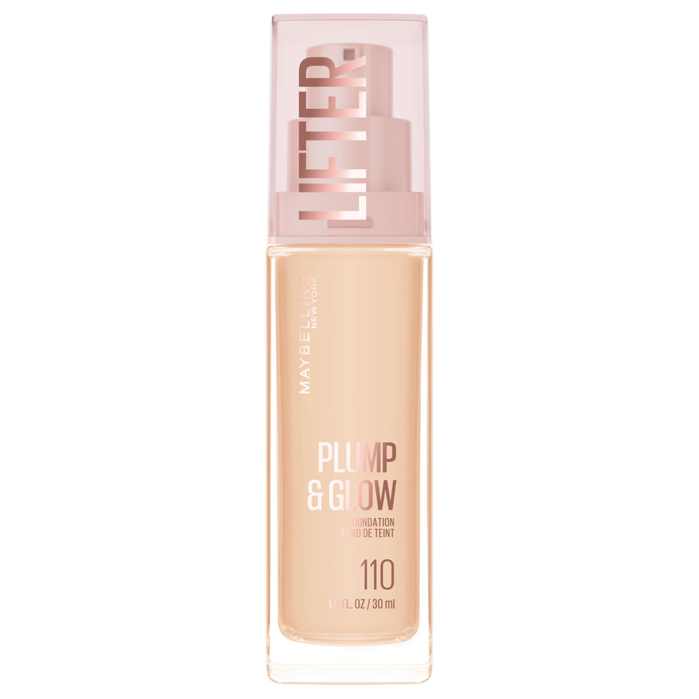 Maybelline Lifter Plump & Glow, botella de base realza la luminosidad natural de la piel.