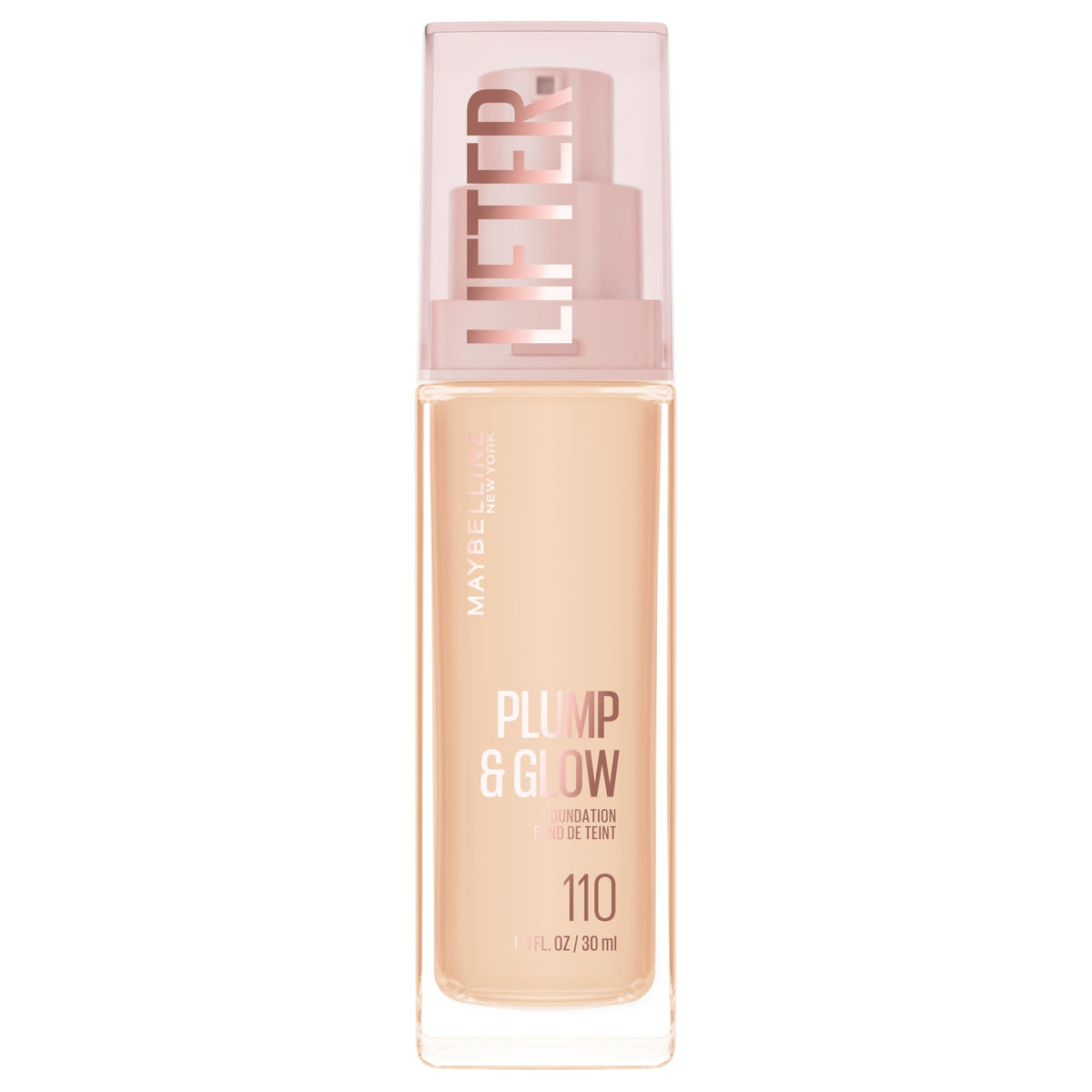 Maybelline Lifter Plump & Glow, botella de base realza la luminosidad natural de la piel.