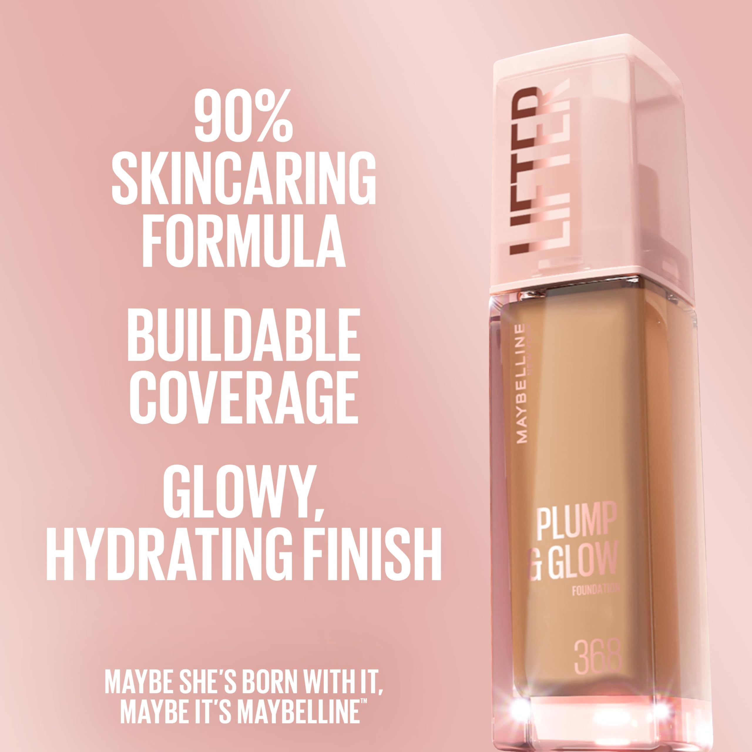 Acabado hidratante de Maybelline Lifter Plump & Glow que ilumina la piel.