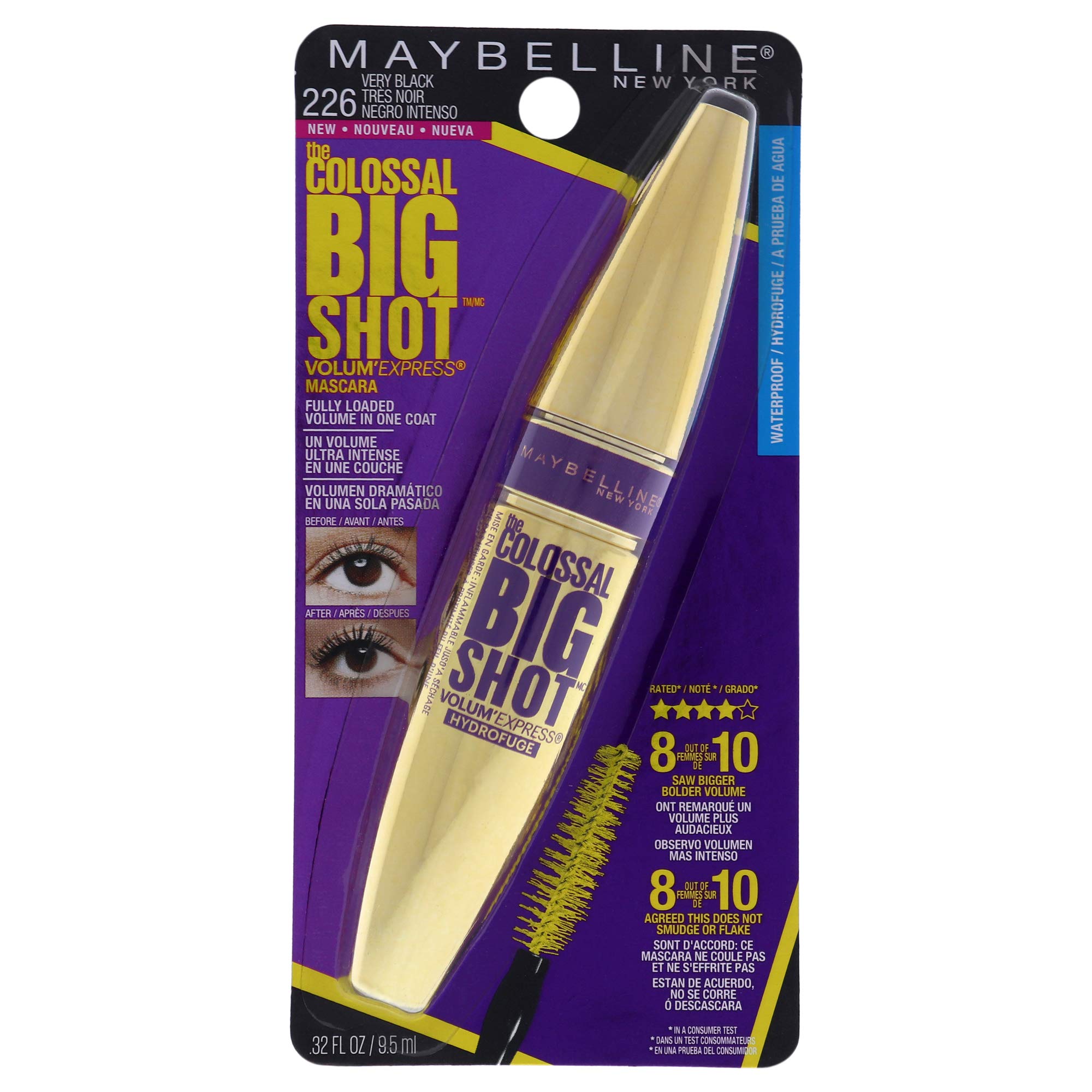 Maybelline New York Volum' Express Colossal Big Shot mascara bottle with waterproof formula for all-day wear