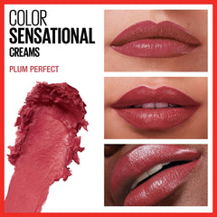 Maybelline Plum Perfect lipstick applied to lips for bold, even shade