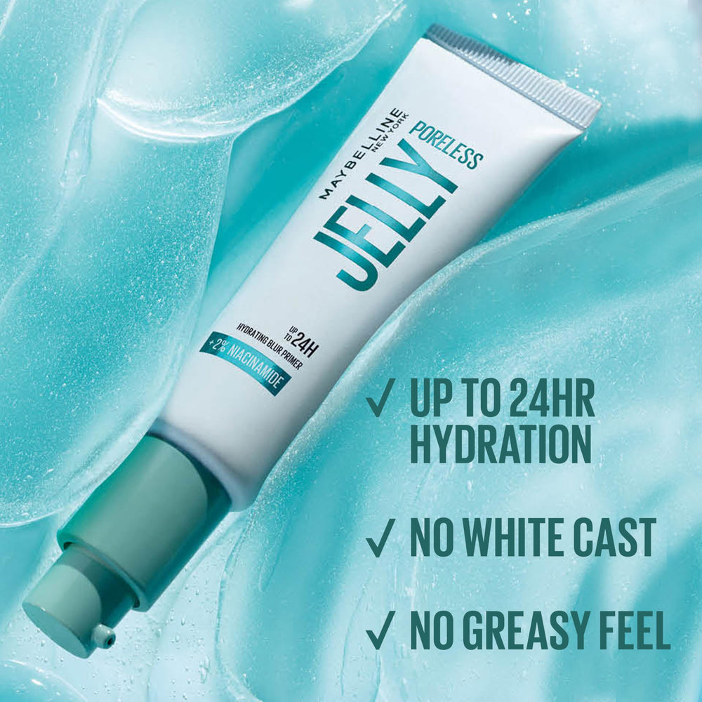 Maybelline Poreless Jelly Primer aplicación con la mano para rostro uniforme.