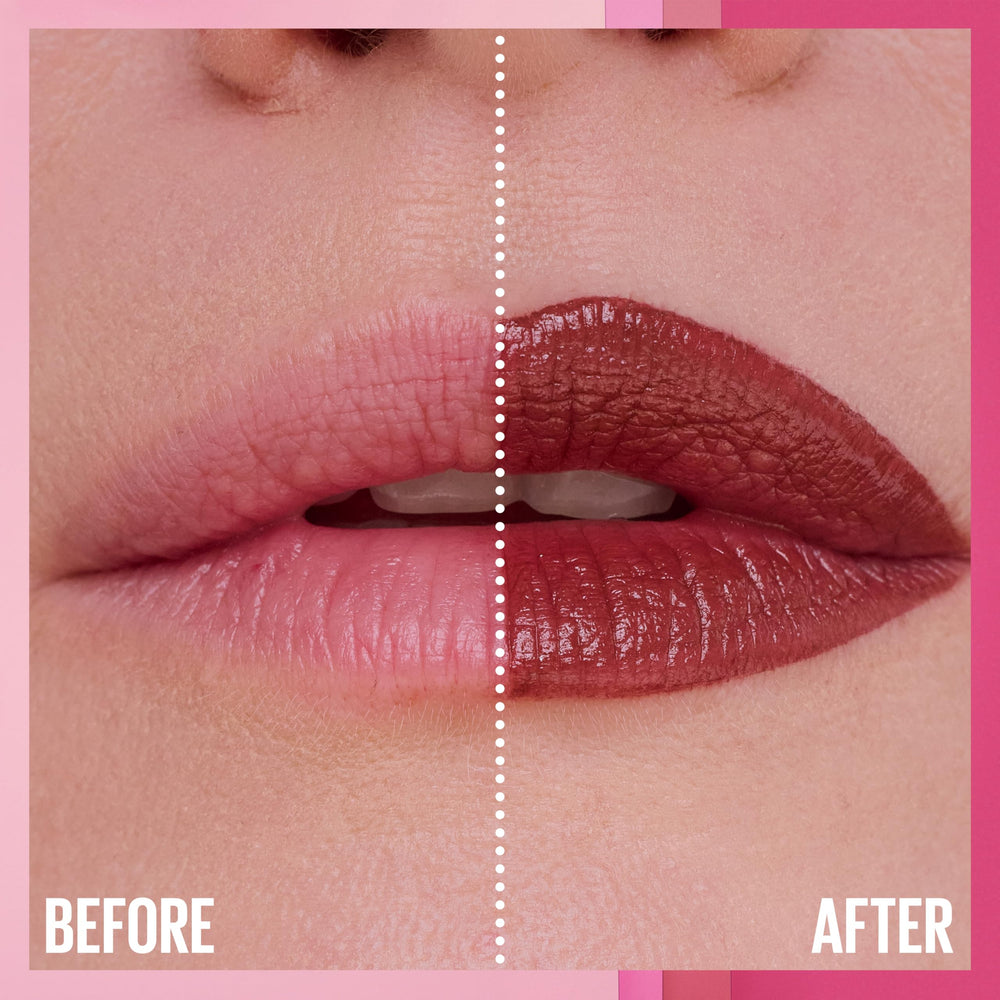 MAYBELLINE Serum Lipstick tono rosado medio satinato para looks elegantes.