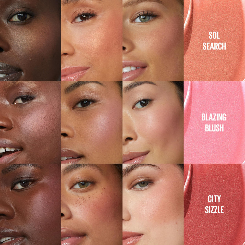 Maybelline Sunkisser 10-shade swatches show range from blush to bronze.