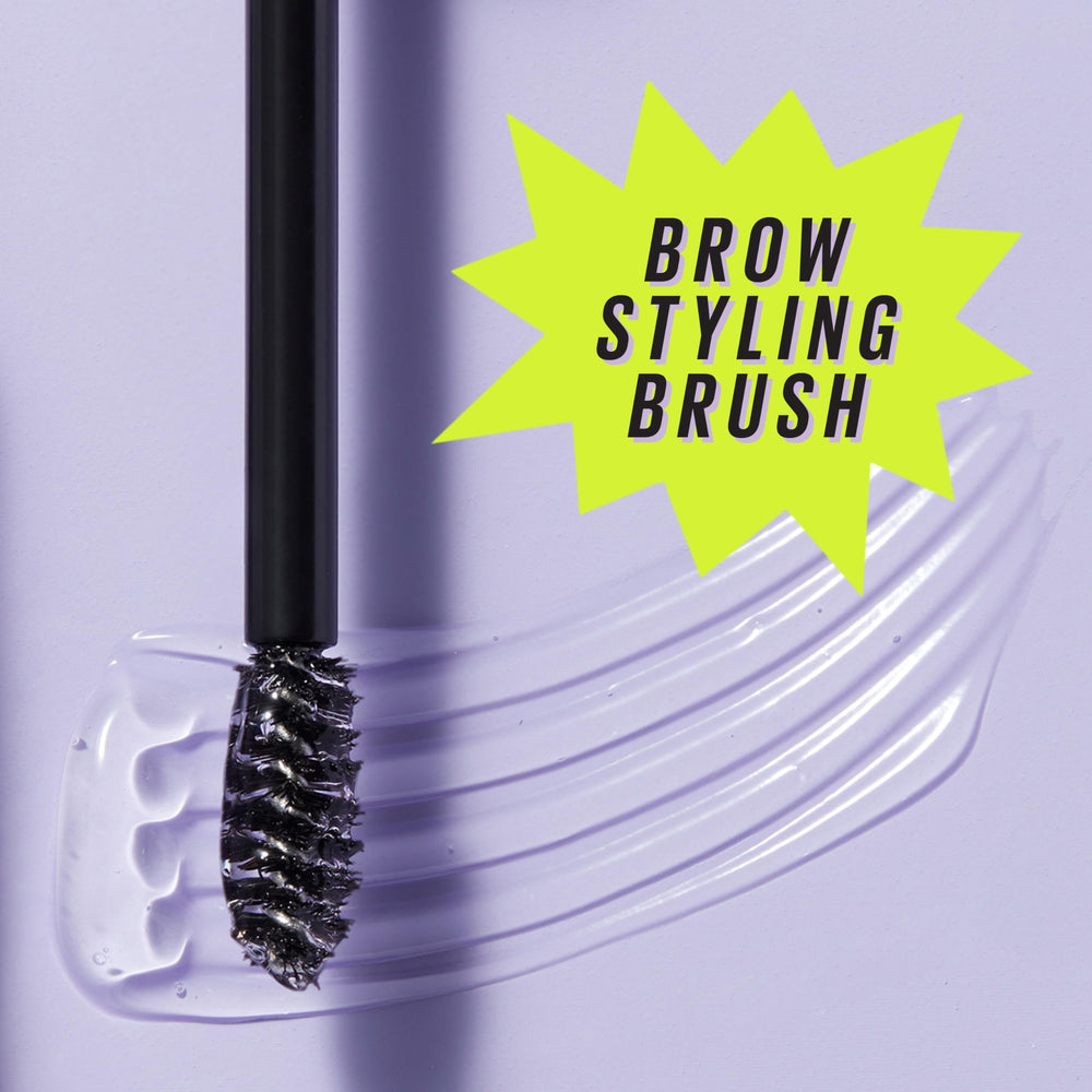 Taupe shade swatch highlighting flexible tint and transparent formula from Maybelline Super Lock Brow Glue.