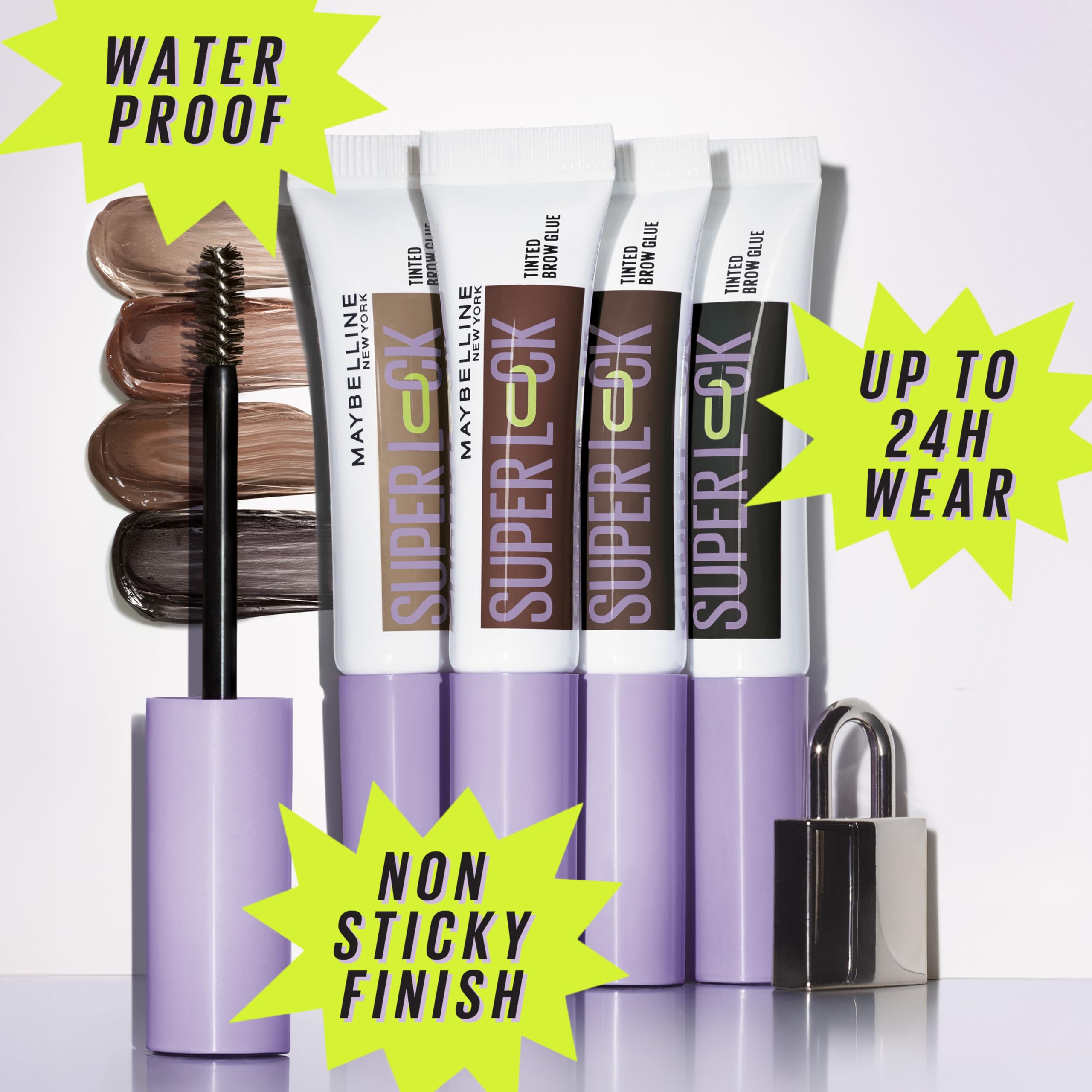 Waterproof, sweat-resistant performance demonstrated on swatches with Maybelline Brow Glue.