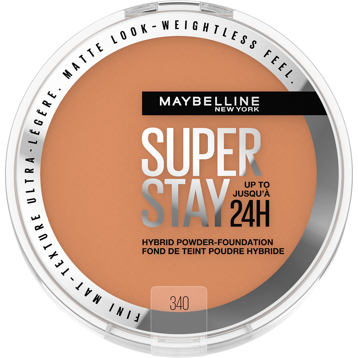 MAYBELLINE Super Stay híbrido polvo-fundación tono 340, acabado mate y duradero.