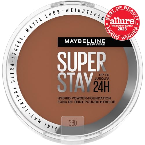Maybelline Super Stay Hybrid Powder Foundation textura mate para cobertura suave y uniforme.