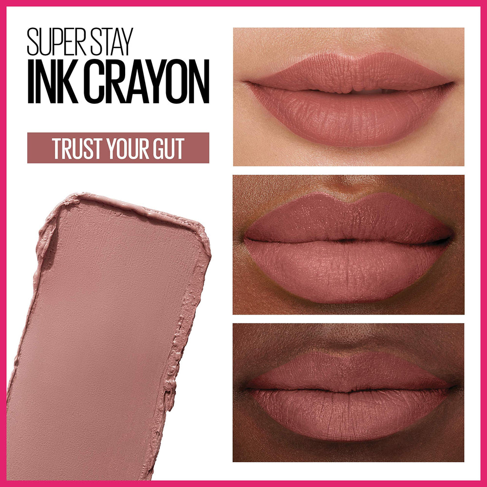 Swatch of Maybelline Mauve Nude Pink shade on lips from the Ink Crayon line