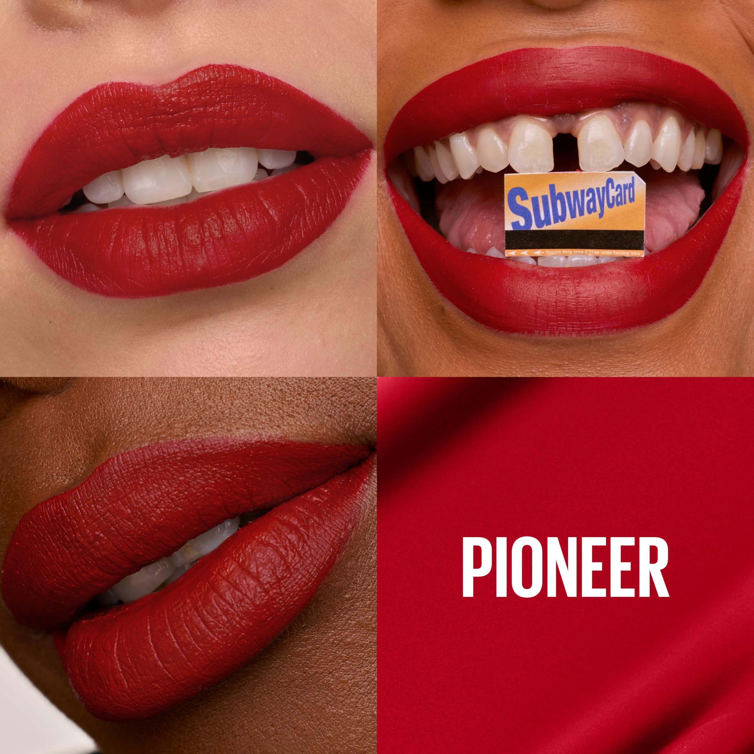 Maybelline Super Stay Matte Ink Pioneer swatches show bold blue-red color and high pigment.