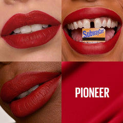 Maybelline Super Stay Matte Ink Pioneer swatches show bold blue-red color and high pigment.