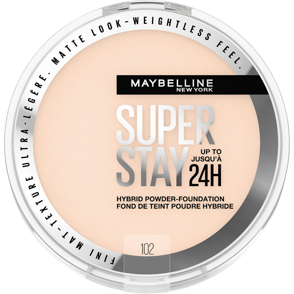 Maybelline Super Stay polvo híbrido envase 102, cobertura duradera y acabado mate
