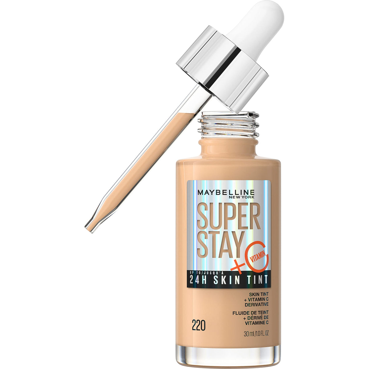 Maybelline Super Stay skin tint bottle with pump delivering radiant light-to-medium coverage.