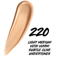Swatch on skin reveals natural finish and even tone with Maybelline tint.