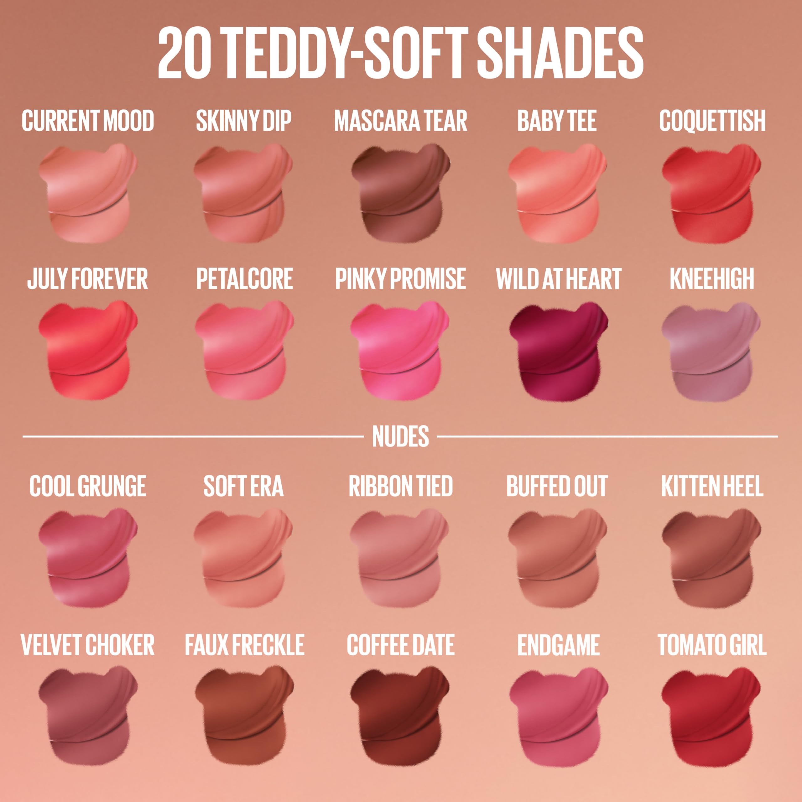 MAYBELLINE Super Stay Teddy Lip Tint: 20 tonos modulables para looks translúcidos, borrosos o intensos.