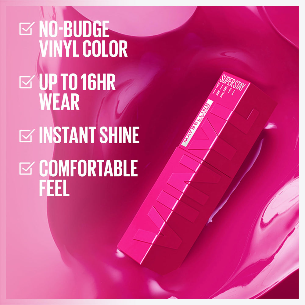 MAYBELLINE Super Stay Vinyl Ink, brillo instantáneo para labios vibrantes desde la primera pasada.