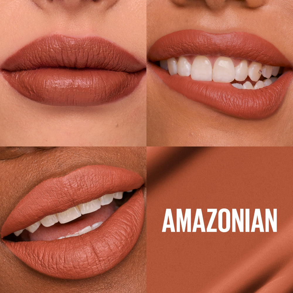 Maybelline Super Stay Matte Ink Amazonian nude brown shade on lips for versatile looks.