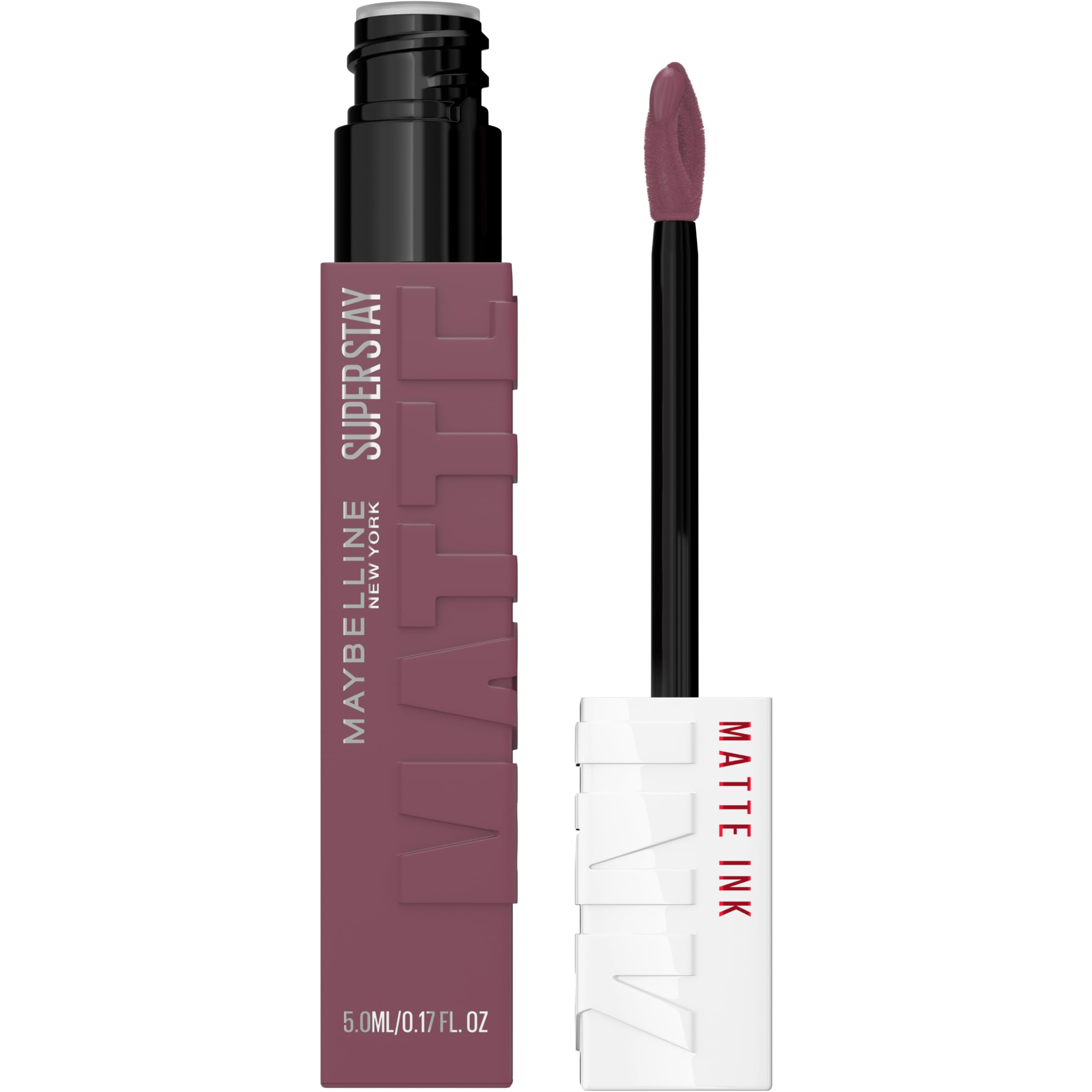 Maybelline Super Stay Matte Ink Visionary closeup reveals long-lasting taupe purple lip color.