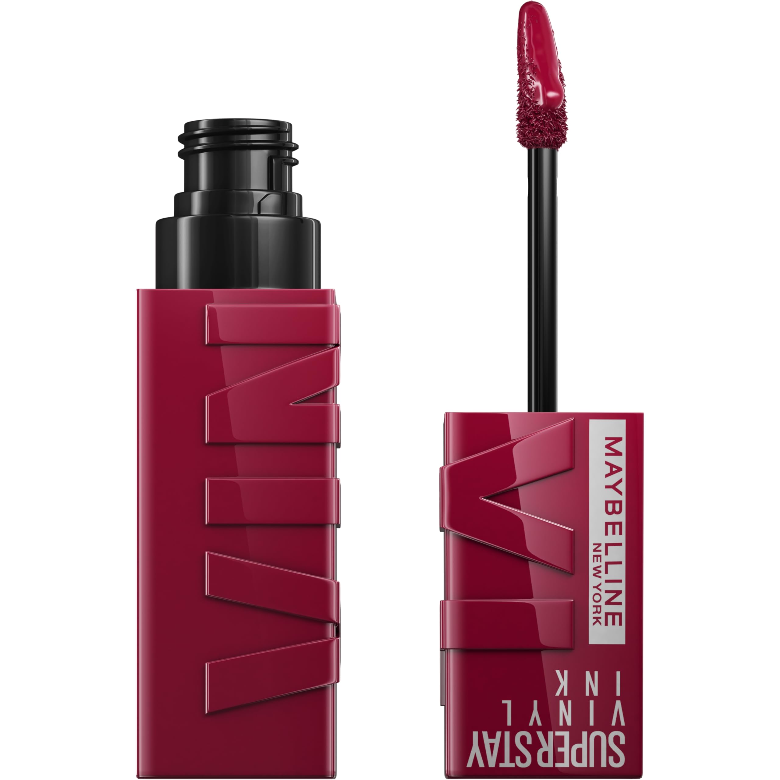Maybelline Super Stay Vinyl Ink en labios con brillo e intenso color vinilo.